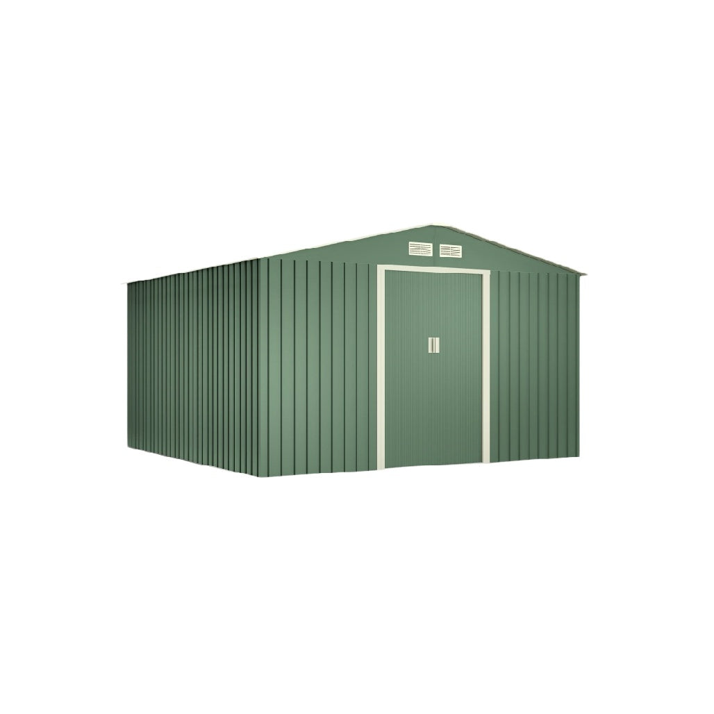 Metalllagerhaus mit grünem Farbanstrich und Doppeltür