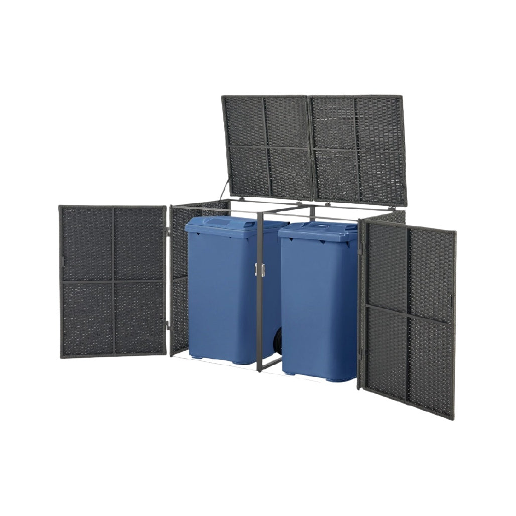 Abfalltrennungssystem mit klappbaren Türen und zwei Blauen Mülltonnen